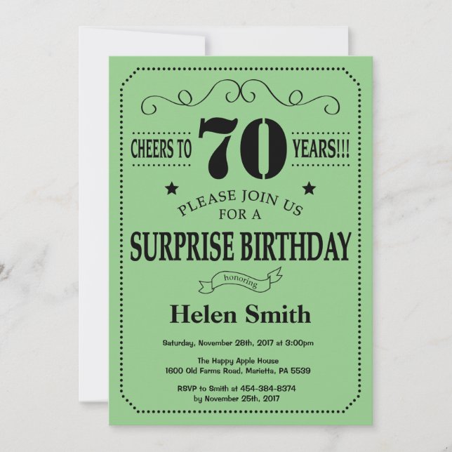 Surprise 70th Birthday Black and Green Invitation (Front)