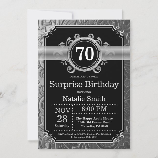 Surprise 70th Birthday Black and Silver Glitter Invitation (Front)