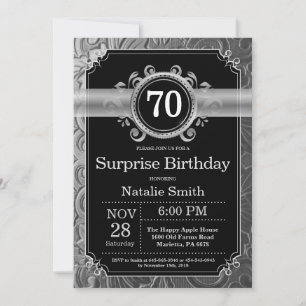 Surprise 70th Birthday Black and Silver Glitter Invitation