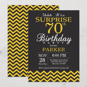 Surprise 70th Birthday Black and Yellow Chevron Invitation