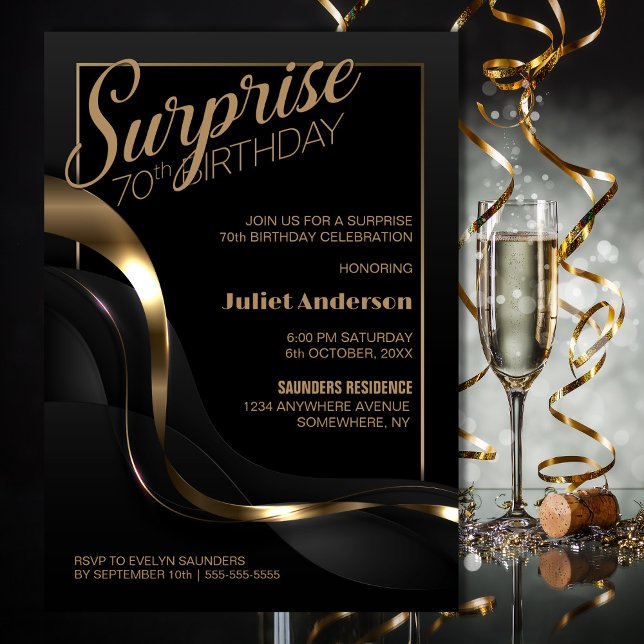 Surprise 70th Birthday Black Gold Party Invitation (Creator Uploaded)