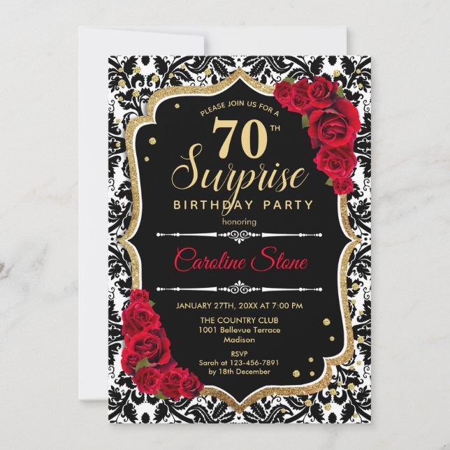 Surprise 70th Birthday - Black Gold Red Invitation (Front)