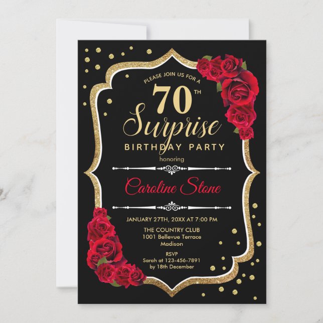 Surprise 70th Birthday - Black Gold Red Invitation (Front)