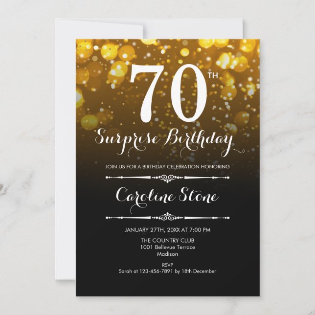 Surprise 70th Birthday - Black Gold White Invitation (Front)