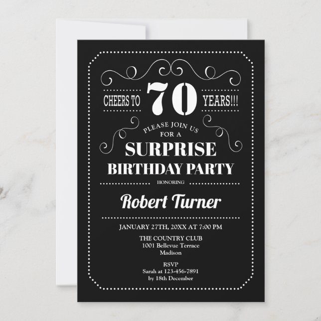 Surprise 70th Birthday - Black White Invitation (Front)