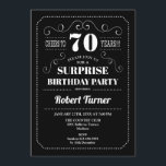 Surprise 70th Birthday - Black White Invitation<br><div class="desc">Surprise 70th Birthday Invitation. 
Elegant retro chalkboard black and white design. Cheers to 70 years! Can be customized to show any age.</div>