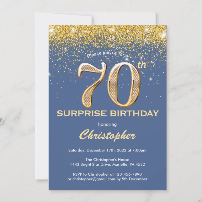 Surprise 70th Birthday Blue and Gold Glitter Invitation (Front)