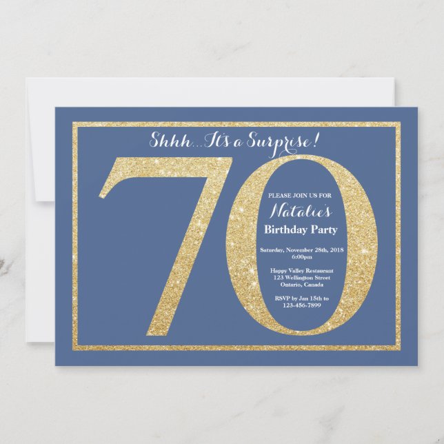 Surprise 70th Birthday Blue and Gold Glitter Invitation (Front)