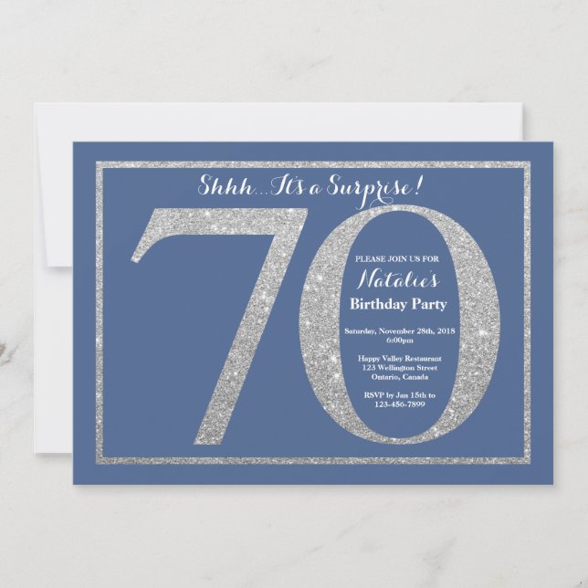 Surprise 70th Birthday Blue and Silver Glitter Invitation (Front)