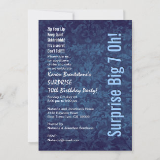 SURPRISE 70th Birthday Blue Damask White W1467 Invitation