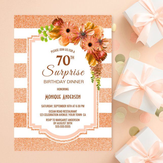 Surprise 70th Birthday Dinner Apricot Floral Party Invitation (Creator Uploaded)