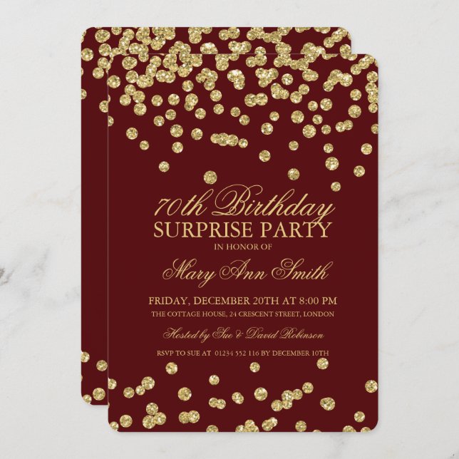 Surprise 70th Birthday Gold Glitter Burgundy Invitation (Front/Back)