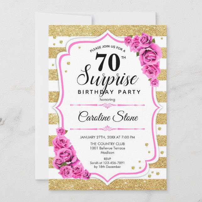 Surprise 70th Birthday - Gold White Pink Invitation (Front)