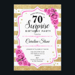 Surprise 70th Birthday - Gold White Pink Invitation<br><div class="desc">Surprise 70th Birthday Invitation.
Feminine white,  pink design with faux glitter gold. Features stripes,  blush pink roses,  script font and confetti. Perfect for an elegant birthday party. Can be personalized to show any age. Message me if you need further customization.</div>