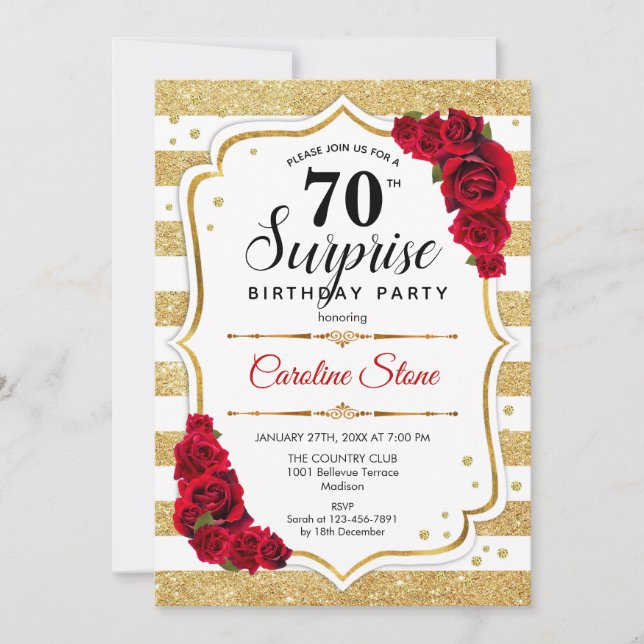 Surprise 70th Birthday - Gold White Red Invitation (Front)