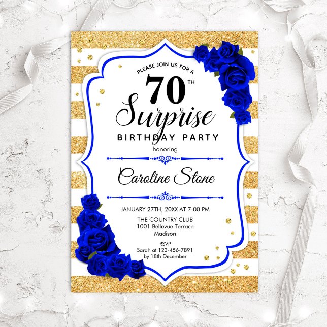 Surprise 70th Birthday - Gold White Royal Blue Invitation (Creator Uploaded)