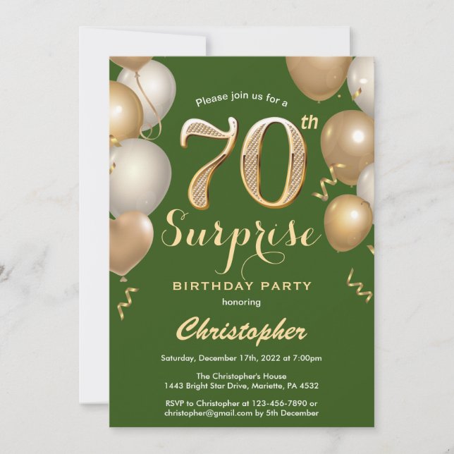 Surprise 70th Birthday Green and Gold Balloons Invitation (Front)