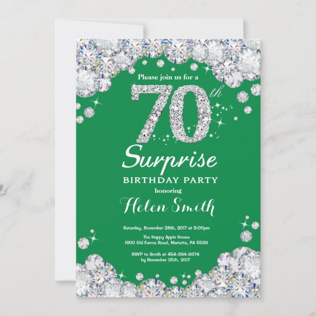 Surprise 70th Birthday Green and Silver Diamond Invitation (Front)
