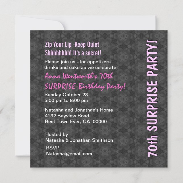 SURPRISE 70th Birthday Grey Pink Retro Pattern Invitation (Front)