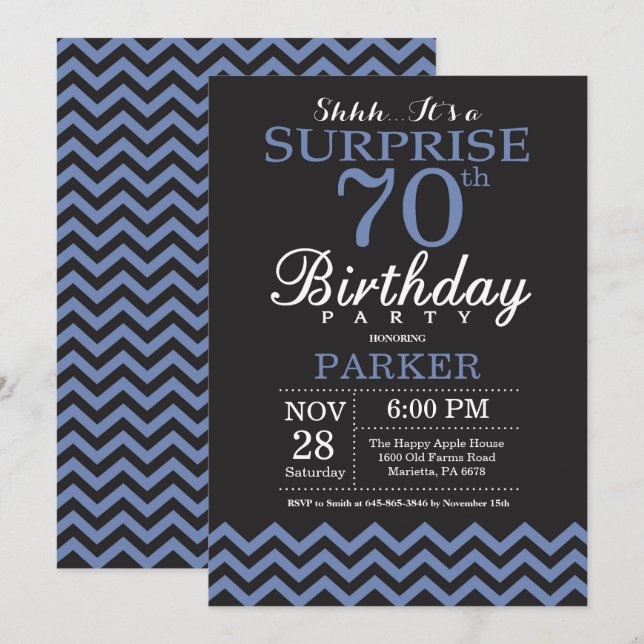 Surprise 70th Birthday Invitation Black and Blue (Front/Back)