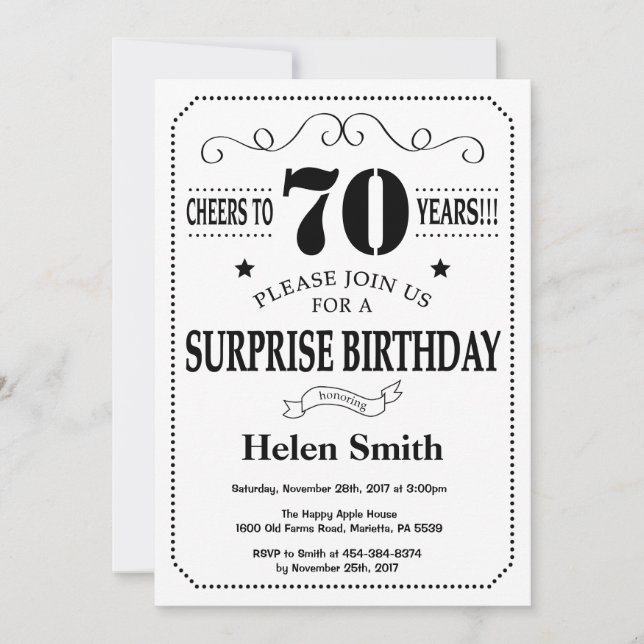 Surprise 70th Birthday Invitation Black and White (Front)