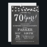 Surprise 70th Birthday Invitation Chalkboard<br><div class="desc">Surprise 70th Birthday Invitation Chalkboard Background with String Lights. Black and White. 13th 15th 16th 18th 20th 21st 30th 40th 50th 60th 70th 80th 90th 100th, Any age. Adult Birthday. Woman or Man Male Birthday Party. For further customisation, please click the "Customise it" button and use our design tool to...</div>