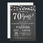 Surprise 70th Birthday Invitation Chalkboard<br><div class="desc">Surprise 70th Birthday Invitation Chalkboard Background with String Lights. Black and White. 13th 15th 16th 18th 20th 21st 30th 40th 50th 60th 70th 80th 90th 100th, Any age. Adult Birthday. Woman or Man Male Birthday Party. For further customisation, please click the "Customise it" button and use our design tool to...</div>