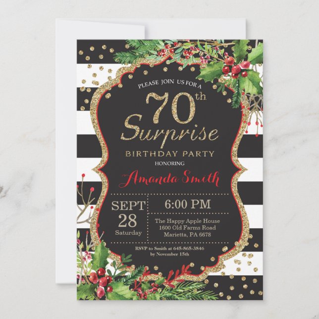 Surprise 70th Birthday Invitation Christmas Gold (Front)
