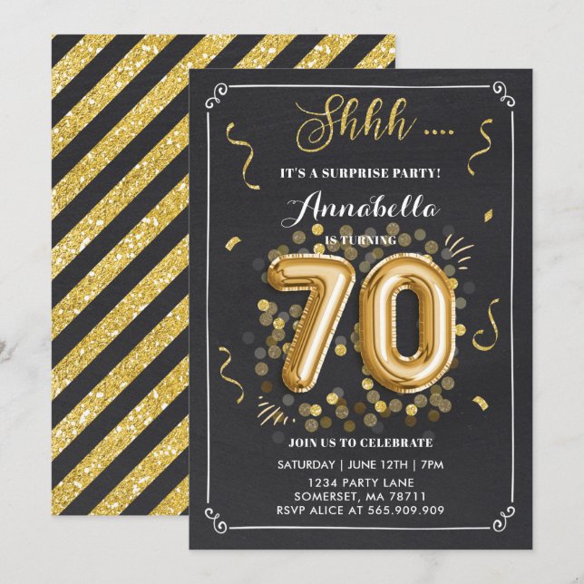 Surprise 70th Birthday Invitation Gold Chalkboard (Front/Back)