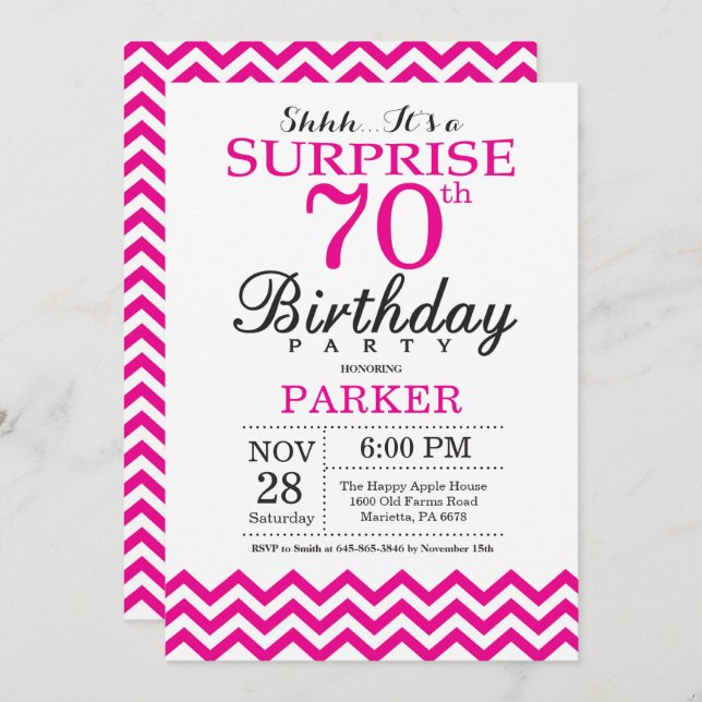 Surprise 70th Birthday Invitation Hot Pink Chevron (Front/Back)