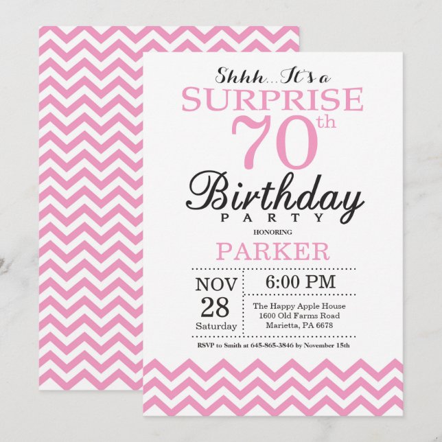 Surprise 70th Birthday Invitation Pink Chevron (Front/Back)