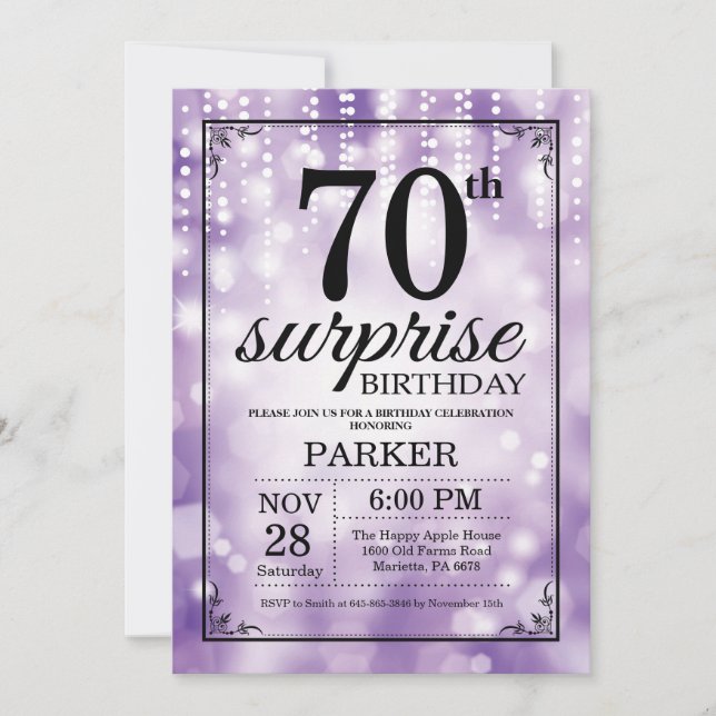 Surprise 70th Birthday Invitation Purple Glitter (Front)