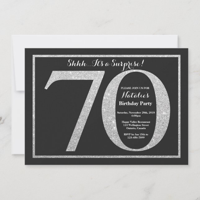 Surprise 70th Birthday Invitation Silver Glitter (Front)