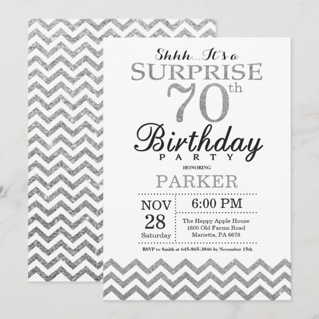 Surprise 70th Birthday Invitation Silver Glitter (Front/Back)