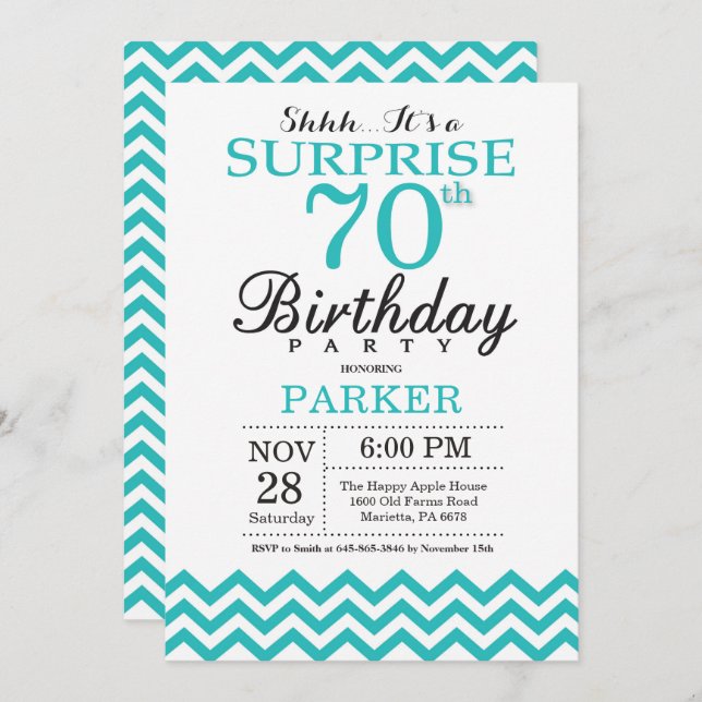 Surprise 70th Birthday Invitation Teal Chevron (Front/Back)