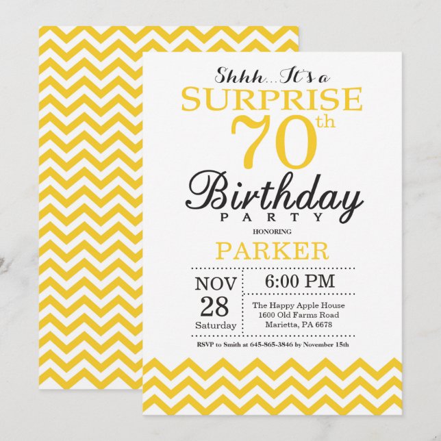 Surprise 70th Birthday Invitation Yellow Chevron (Front/Back)