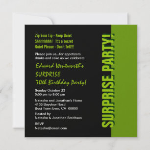 SURPRISE 70th Birthday Modern Black and Green Invitation