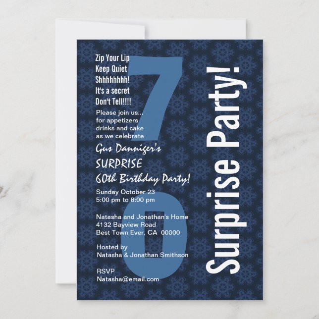 SURPRISE 70th Birthday Modern Blue and White D498 Invitation (Front)