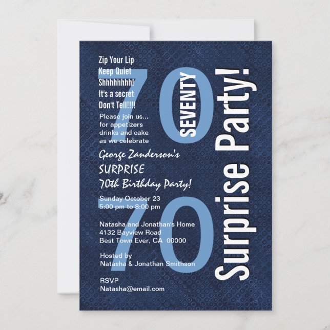 SURPRISE 70th Birthday Modern Royal Blue R604 Invitation (Front)