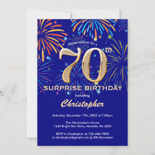 Surprise 70th Birthday Navy Blue & Gold Firework Invitation