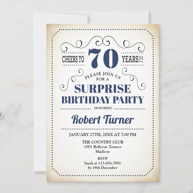 Surprise 70th Birthday - Navy Blue White Black Invitation (Front)