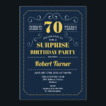 Surprise 70th Birthday - Navy Gold Invitation<br><div class="desc">Surprise 70th Birthday Invitation. 
Elegant retro navy blue and yellow gold design. Cheers to 70 years! Can be customized to show any age.</div>