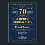 Surprise 70th Birthday - Navy Gold Invitation<br><div class="desc">Surprise 70th Birthday Invitation. 
Elegant retro navy blue and yellow gold design. Cheers to 70 years! Can be customized to show any age.</div>