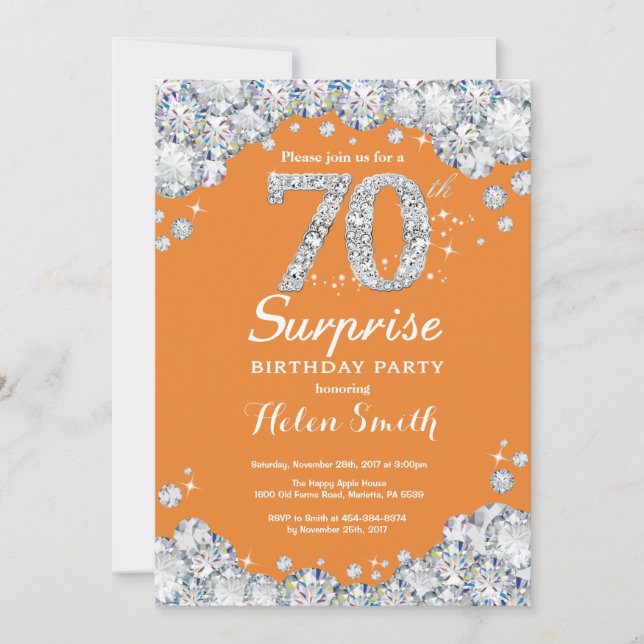 Surprise 70th Birthday Orange and Silver Diamond Invitation (Front)
