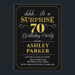 Surprise 70th Birthday Party - Black Gold Invitation<br><div class="desc">Surprise 70th Birthday Party Invitation.
Simple classy design in black gold and white. Features elegant script font. Surprise bday celebration for man or woman. Can be customised into any age!</div>