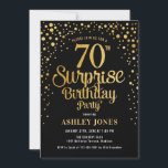 Surprise 70th Birthday Party - Black & Gold Invitation<br><div class="desc">Surprise 70th Birthday Party Invitation.
Elegant design in black and faux glitter gold. Features stylish script font and confetti. Message me if you need custom age.</div>