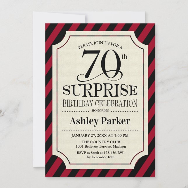 Surprise 70th Birthday Party - Black Red Stripes Invitation (Front)