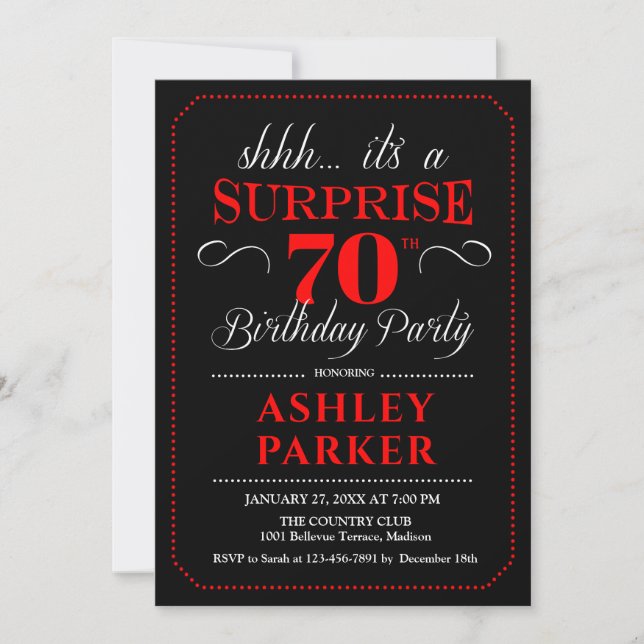 Surprise 70th Birthday Party - Black Red White Invitation (Front)