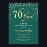 Surprise 70th Birthday Party - Emerald Green Gold Invitation<br><div class="desc">Surprise 70th Birthday Party Invitation.
Elegant design in emerald green and faux glitter gold. Features script font and diamonds confetti. Cheers to 70 Years! Message me if you need further customization.</div>