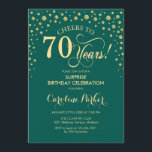 Surprise 70th Birthday Party - Emerald Green Gold Invitation<br><div class="desc">Surprise 70th Birthday Party Invitation.
Elegant design in emerald green and faux glitter gold. Features script font and diamonds confetti. Cheers to 70 Years! Message me if you need further customization.</div>